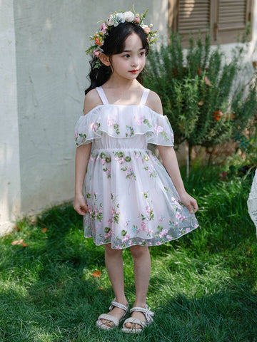 Toddler Girls" Embroidered Princess Dress, Off Shoulder Puff Ball Gown, Ideal For Weddings, Flower Girls, Or Beach Vacations
