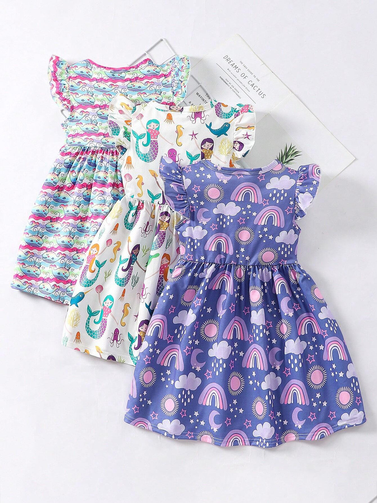 Toddler Girls' Flare Sleeve Cartoon Printed Casual Dress, 3pcs/Set