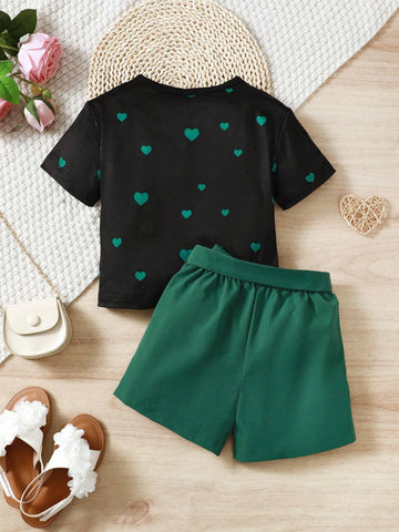 Toddler Girls' Heart Print Casual Sports T-Shirt And Shorts Set For Summer