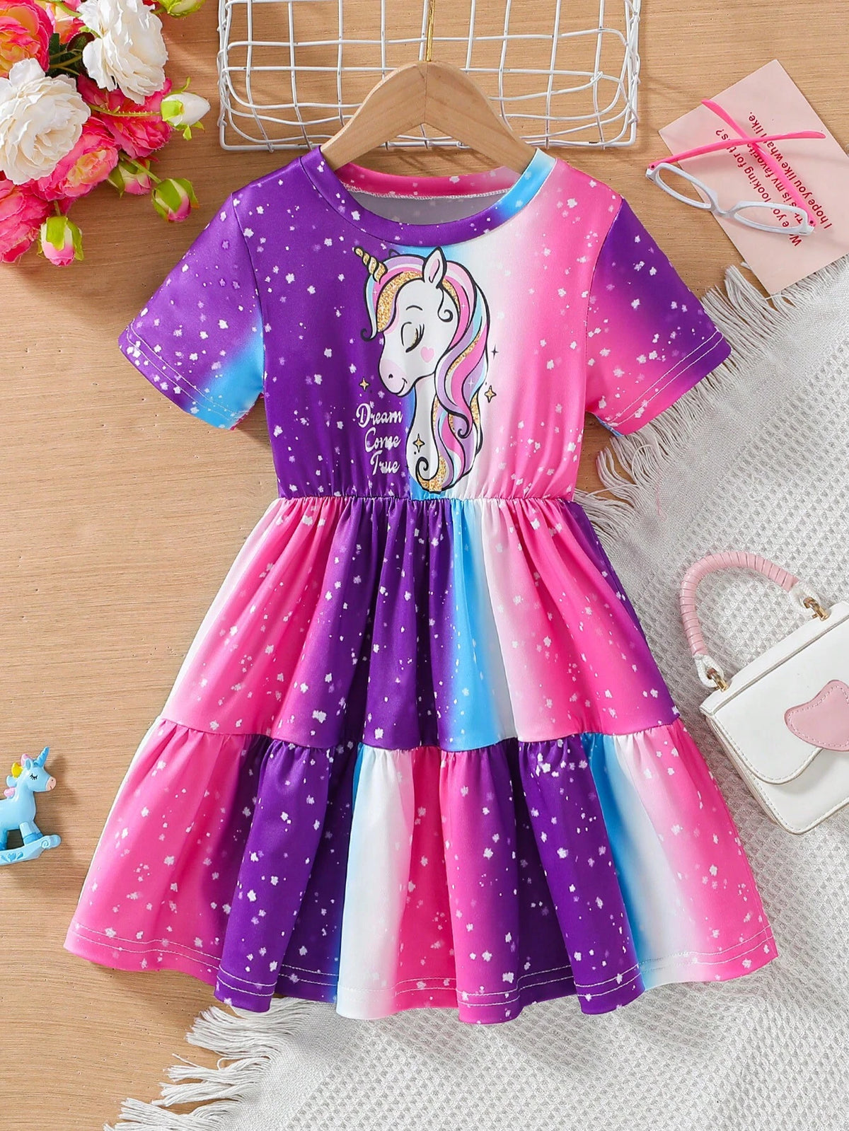 Toddler Girls Lovely Rainbow Unicorn Printed Short Sleeve Dress With Round Neck For Summer