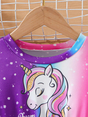 Toddler Girls Lovely Rainbow Unicorn Printed Short Sleeve Dress With Round Neck For Summer