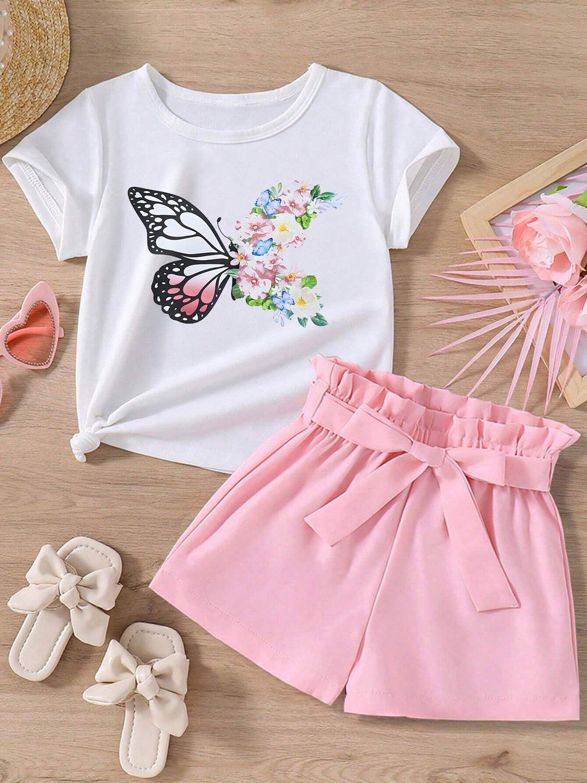 Tween Girl Butterfly & Flower Printed Short Sleeve T-Shirt And Paper Bag Waist Belt Shorts For Summer