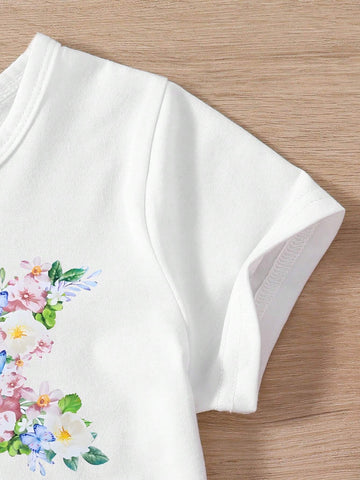 Tween Girl Butterfly & Flower Printed Short Sleeve T-Shirt And Paper Bag Waist Belt Shorts For Summer