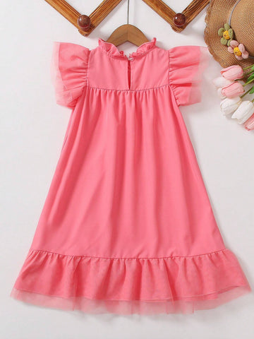 Tween Girl Fashionable & Simple Solid Color Short Flared Sleeve A-Line Dress