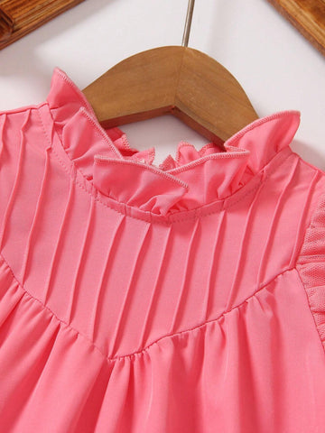 Tween Girl Fashionable & Simple Solid Color Short Flared Sleeve A-Line Dress