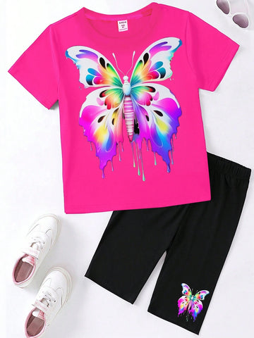 Tween Girls' Butterfly Printed Short Sleeve T-Shirt And Pants Set