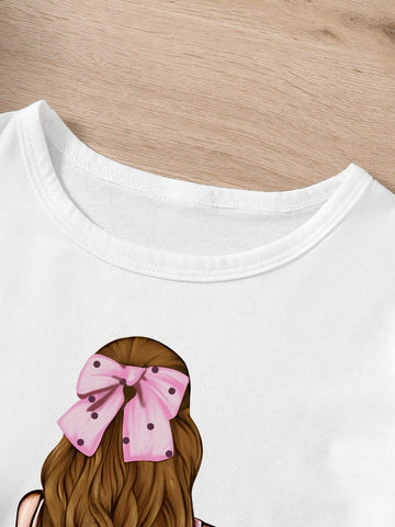 Tween Girls' Cartoon Character Back Print Short Sleeve Top And Paper Bag Waist Shorts