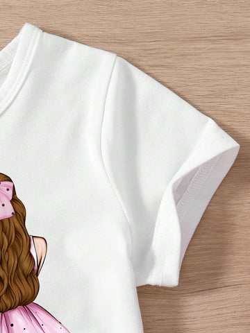Tween Girls' Cartoon Character Back Print Short Sleeve Top And Paper Bag Waist Shorts