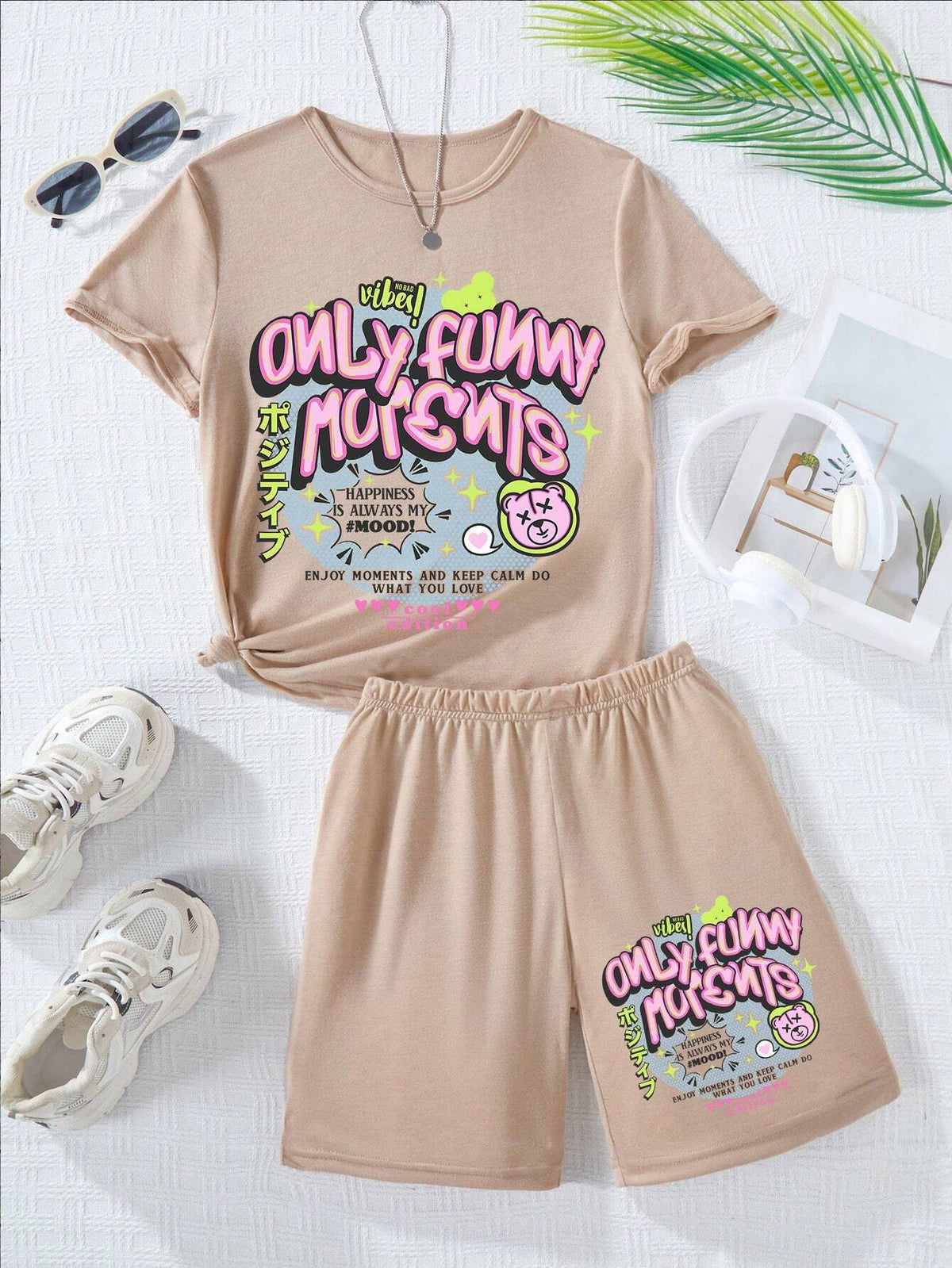 Tween Girls Cartoon Slogan Print Short Sleeve Casual T-Shirt And Shorts 2pcs/Set For Summer