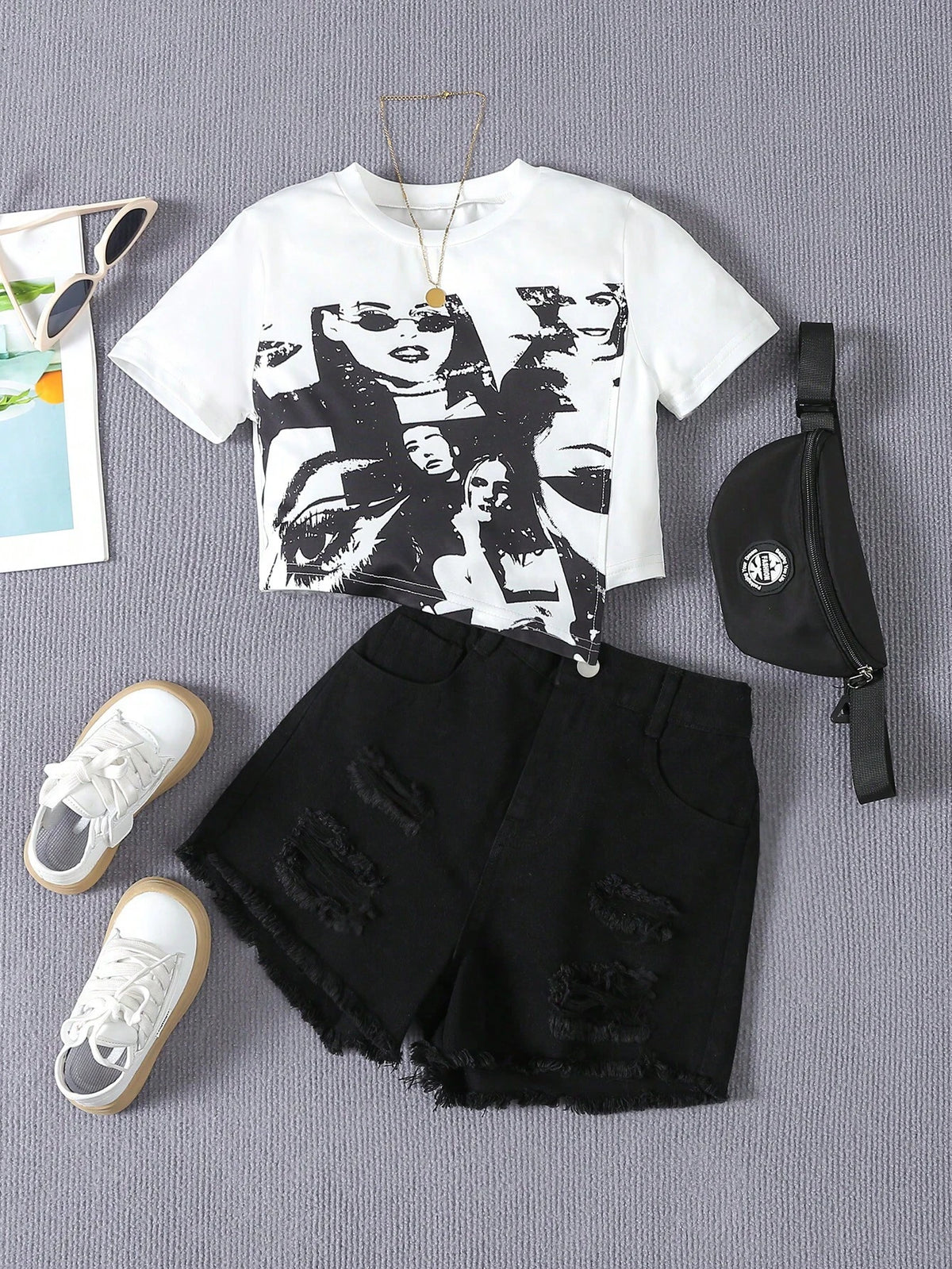 Tween Girls' Comfortable Casual Portrait Print Top And Black Ripped Shorts 2pcs Set