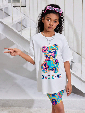 Tween Girls' Cool Street Style Bear Printed Round Neck Short Sleeve T-Shirt With Heart Printed Shorts Set For Spring/Summer