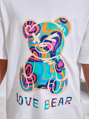 Tween Girls' Cool Street Style Bear Printed Round Neck Short Sleeve T-Shirt With Heart Printed Shorts Set For Spring/Summer