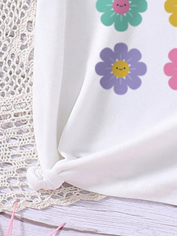 Tween Girls' Flower Pattern Printed Short Sleeve T-Shirt And Belted A-Line Skirt For Spring/Summer
