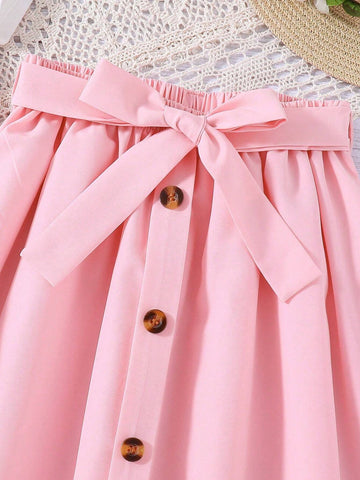 Tween Girls' Flower Pattern Printed Short Sleeve T-Shirt And Belted A-Line Skirt For Spring/Summer