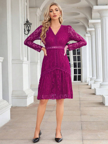 V-Neck Long Sleeve Knee Length Bridesmaid Dress With Waist Cinched