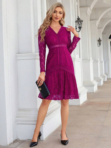 V-Neck Long Sleeve Knee Length Bridesmaid Dress With Waist Cinched