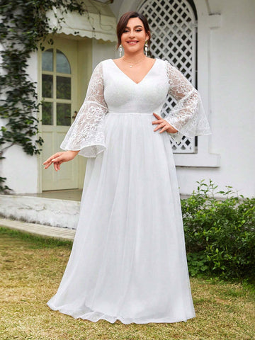 V-Neck Long Sleeve Lace & Mesh Patchwork Wedding Dress With Ruffle And A-Line Skirt