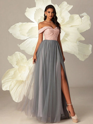 VIPGIRL Elegant One Shoulder Mesh Evening Dress