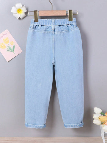Vacation Style Cute And Casual Loose Fit Colorful Flower Embroidery Young Girls' Belted Tapered Jeans
