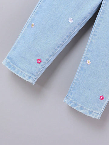 Vacation Style Cute And Casual Loose Fit Colorful Flower Embroidery Young Girls' Belted Tapered Jeans