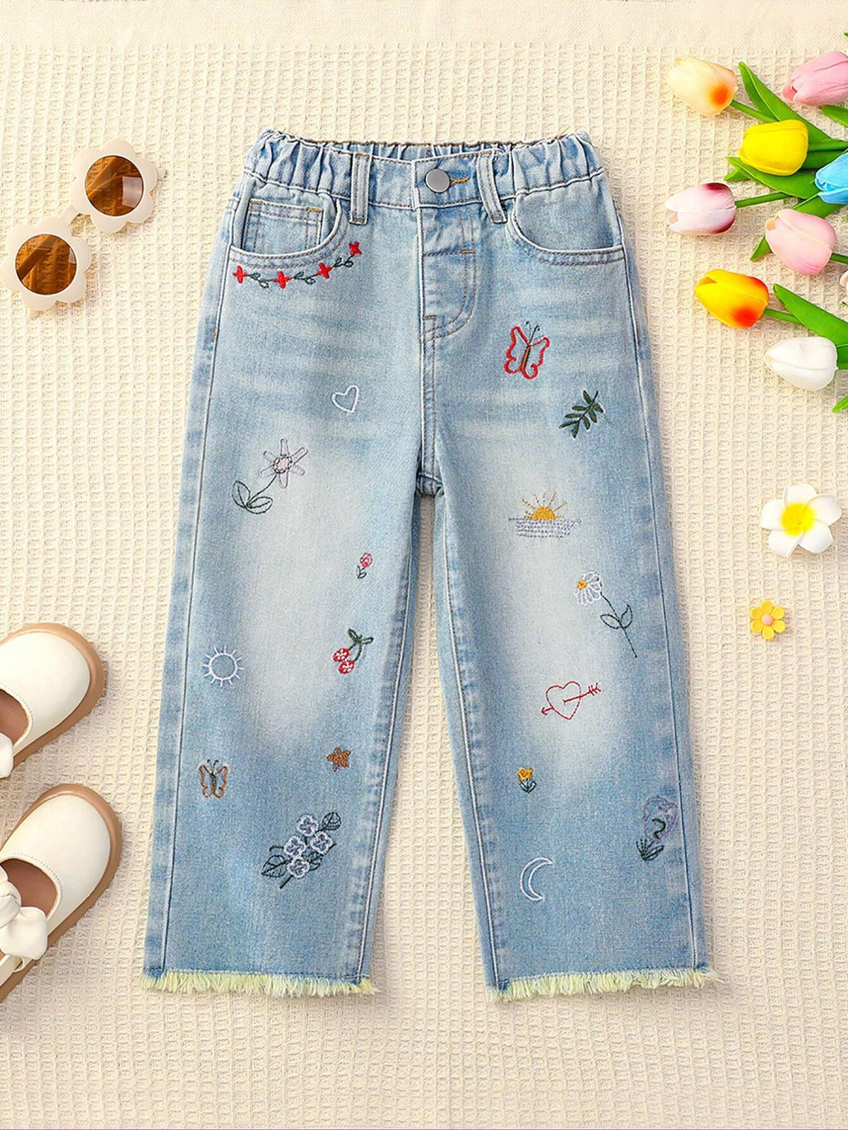 Vintage Washed Loose Straight-Leg Jeans For Girls With Lovely Heart, Flower And Butterfly Embroidery, Fraying Edges And Design Sense
