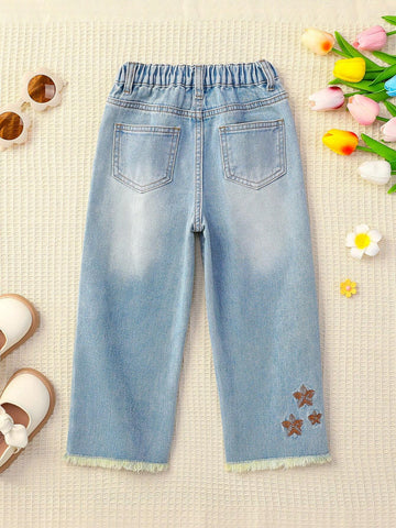 Vintage Washed Loose Straight-Leg Jeans For Girls With Lovely Heart, Flower And Butterfly Embroidery, Fraying Edges And Design Sense