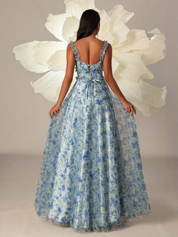 Vipgirl Blue Floral Print Tea Length French Style Spaghetti Strap Evening Prom Dress