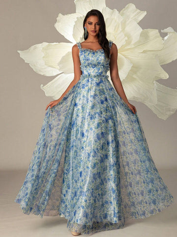 Vipgirl Blue Floral Print Tea Length French Style Spaghetti Strap Evening Prom Dress