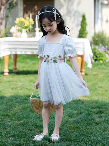 Wedding Season Girls White Princess Dress With Waistband, Short Sleeve Ball Gown, A-Line Holiday Dress For Formal Occasions