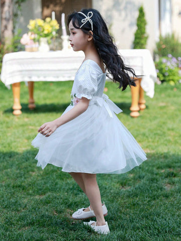 Wedding Season Girls White Princess Dress With Waistband, Short Sleeve Ball Gown, A-Line Holiday Dress For Formal Occasions