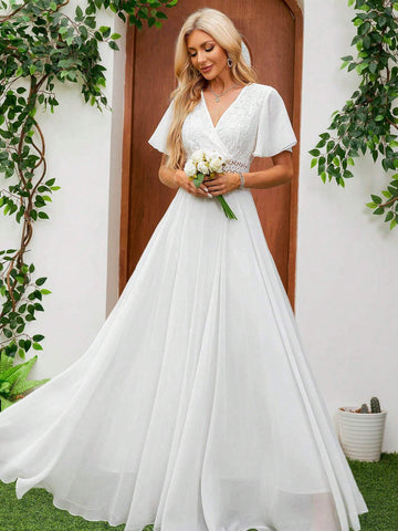 White Chiffon Flare Sleeve Belted Long Wedding Dress With Flared Hem