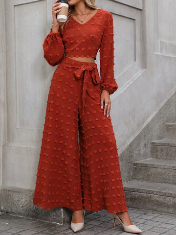 Women'S Two-Piece Cropped Lantern Sleeve Top And Wide-Leg Pants Set