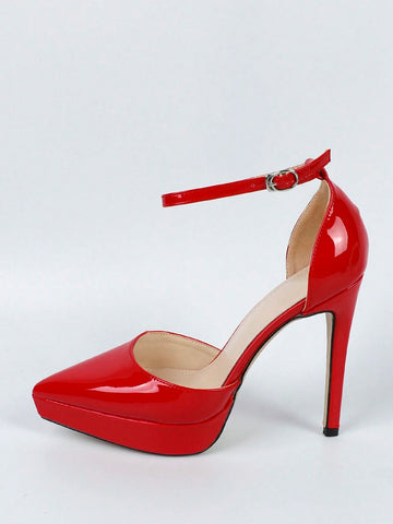 Women Buckle Decor Point Toe Platform Stiletto Heeled Pumps, Funky Neon-red Artificial Patent Leather Ankle Strap Pumps For Outdoor
