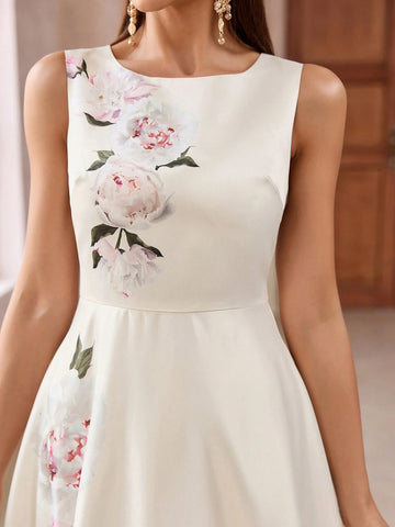 Women Floral Printed Sleeveless Dress With Cinched Waist