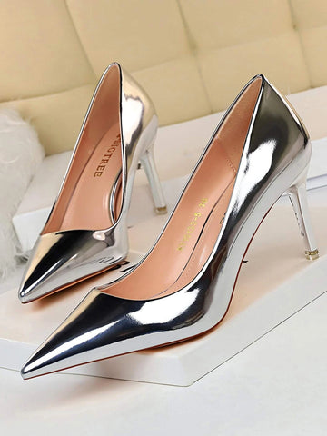 Women Metallic Point Toe Stiletto Heeled Pumps, Glamorous Party Artificial Patent Leather Court Pumps