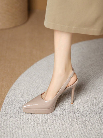 Women Minimalist Point Toe Stiletto Heeled Slingback Pumps, Elegant Khaki Pumps