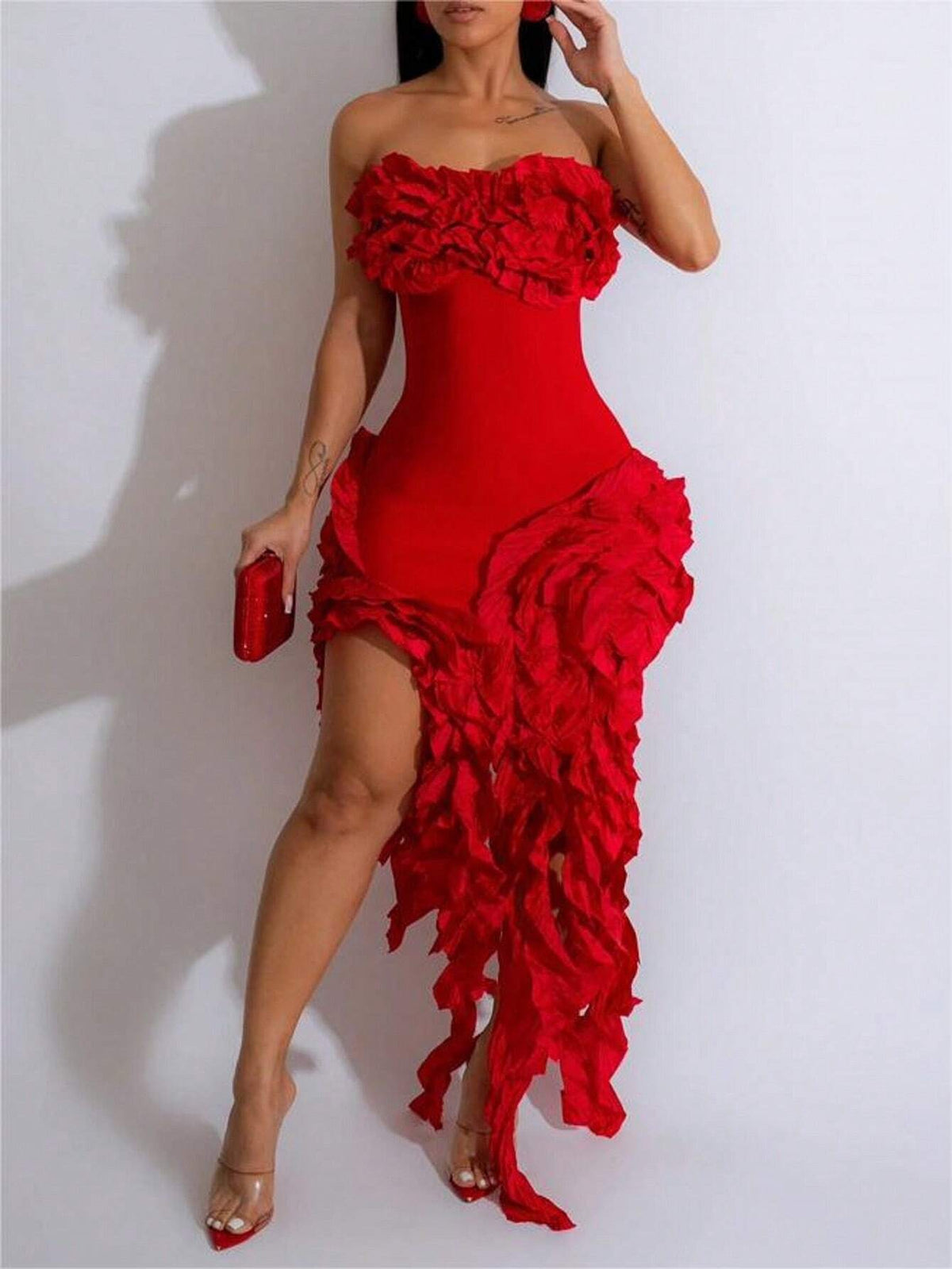 Women Sexy Strapless Irregular Fringed Solid Color Dress
