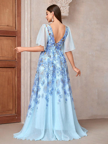 Women Spring/Summer Floral Print Long Bridesmaid Dress With Waist Tie, Diamond Decoration, And Open Back