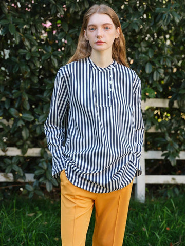 Women Spring/Summer Stand Collar Long Sleeve Striped Loose Casual Shirt