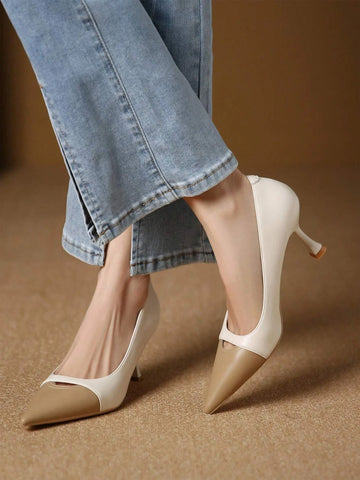 Women Two Tone Point Toe Pyramid Heeled Court Pumps, Fashion Outdoor Pumps