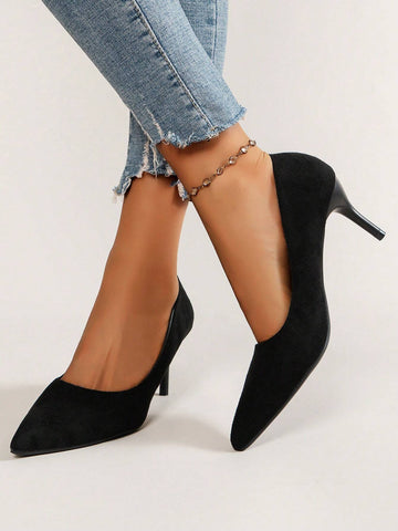 Women Wide Fit Minimalist Point Toe Stiletto Heeled Pumps, Elegant Black Faux Suede Court Pumps