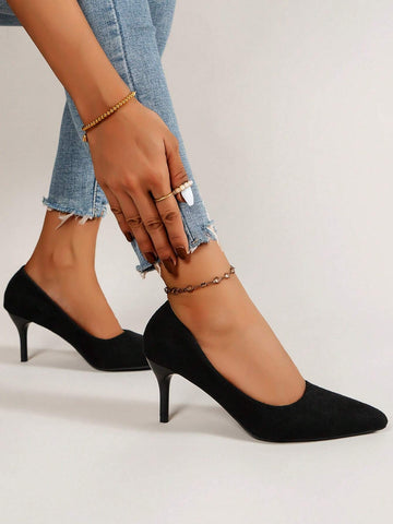 Women Wide Fit Minimalist Point Toe Stiletto Heeled Pumps, Elegant Black Faux Suede Court Pumps