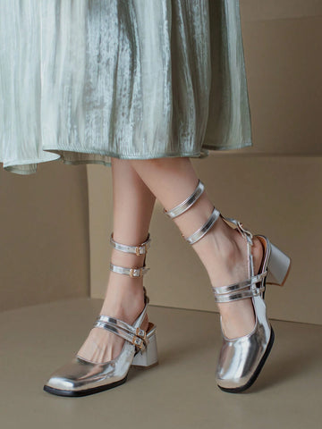 Women's Chunky Heel Peep Toe Sandals With Ankle Strap, Silver Roman Style Fish Mouth & Mary Jane Design For Summer