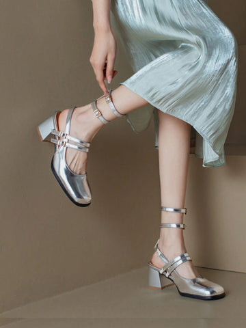Women's Chunky Heel Peep Toe Sandals With Ankle Strap, Silver Roman Style Fish Mouth & Mary Jane Design For Summer