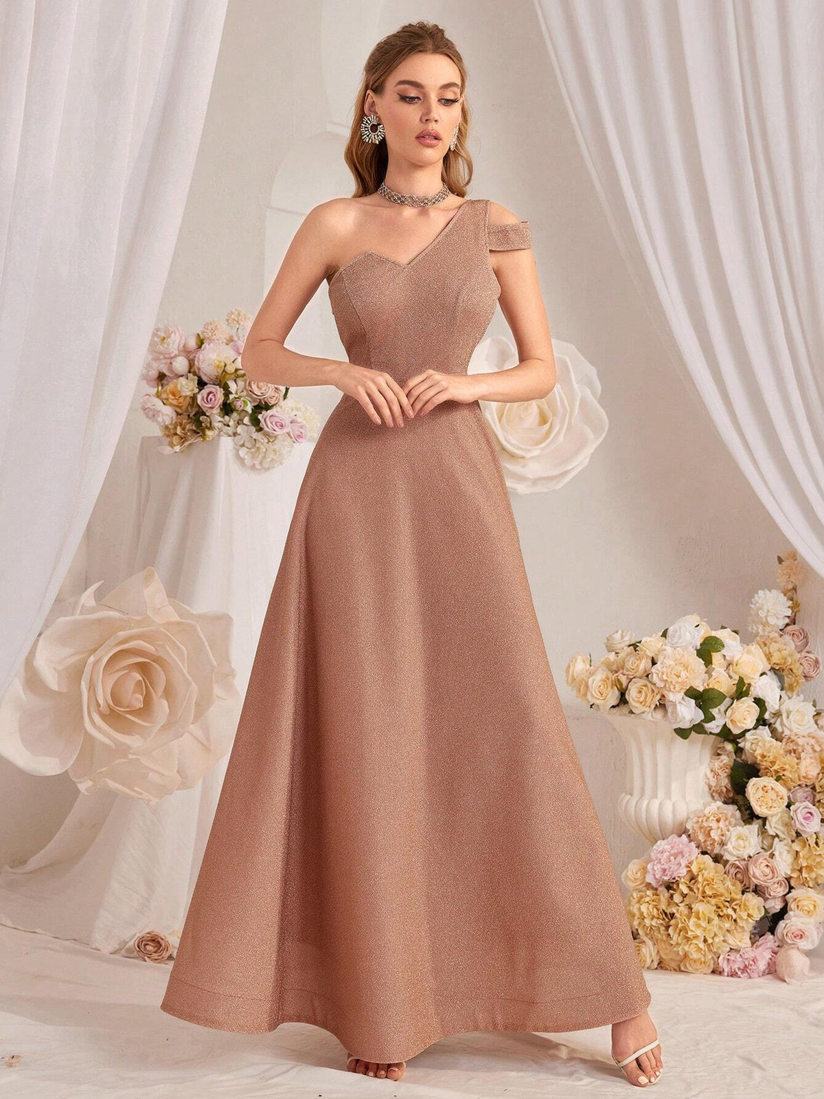 Women's Elegant Solid Color One Shoulder Slim Fit A-Line Evening Dress