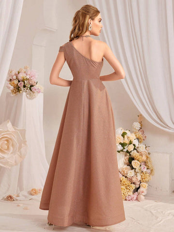 Women's Elegant Solid Color One Shoulder Slim Fit A-Line Evening Dress