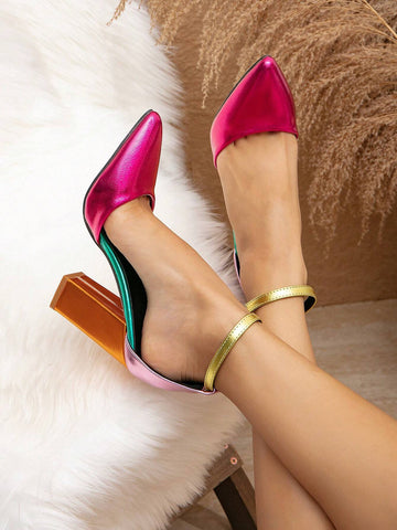 Women's Fashionable Ankle Strap Pointed Toe Metallic Pu & Color Block High Heel Pumps For Going Out