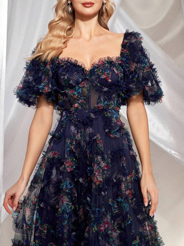 Women's Floral Print 3d Mesh Splicing & Heart Neck Long Evening Dress