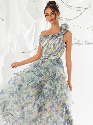 Women's Floral Print One Shoulder Ruffle Trim Petal Hem Evening Gown