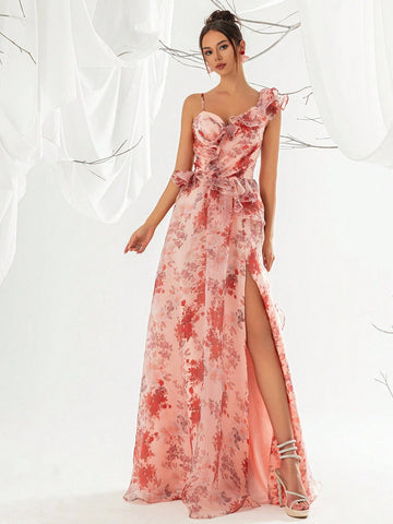 Women's Floral Printed Mesh Frill Trim Evening Dress With Long Hemline